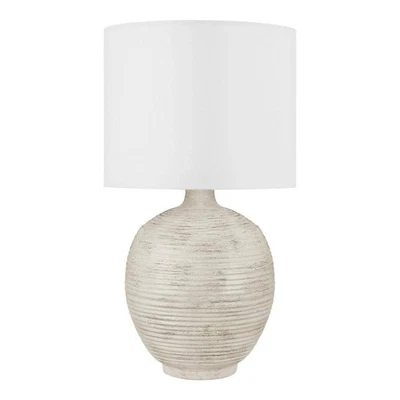 Hampton Bay Finch 22 in. Distressed White Ribbed Table Lamp White Linen Shade - Image 1 of 4