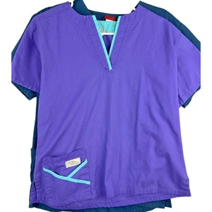 Lot of 3 Scrub Tops Size S Urbane Scrubs Purple Teal, Denice Blue, Hearts v neck - Picture 1 of 6