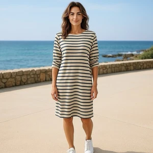 TORY BURCH T Shirt Dress Scrunch Sleeves Knee Length Gray White Striped Size M - Picture 1 of 12