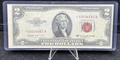 1953B $2.00 TWO DOLLAR RED SEAL STAR NOTE UNCIRCULATED WIDE MARGIN Z143 - Image 1 of 2