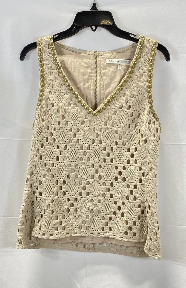 Top Trina Turk para mujer beige ganchillo ojales dorado tachuelas sin mangas talla S Foto 1 de 4