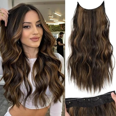 Balayage Dark Brown to Chestnut Wavy Hair Extension w/ Transparent Headband 20in - Image 1 of 4