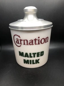 Vtg. Carnation Malted Milk Advertising Milk Glass Canister Jar Container & Lid - Picture 1 of 18