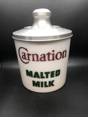 Vtg. Carnation Malted Milk Advertising Milk Glass Canister Jar Container & Lid - Image 1 of 4