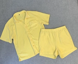 French Terry Shorts and Top Lounge Sleep Set Womens L Yellow Comfy Preppy Soft - Picture 1 of 17
