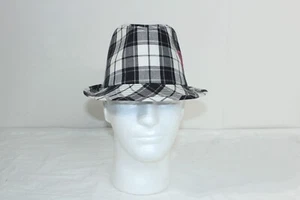 NWT Girls Childs Justice Black White Plaid Fedora Hat Pink Peace Sign - Picture 1 of 10