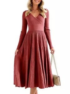 Women's V Neck Midi Sweater Dress Long Sleeve Elegant Flare Dress (Wine Red, XS) - Picture 1 of 6