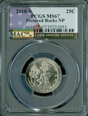 2018 S PICTURED ROCK FLAG QUARTER PCGS MS67 PQ FINEST GRADE MAC SPOTLESS .  - Image 1 of 2