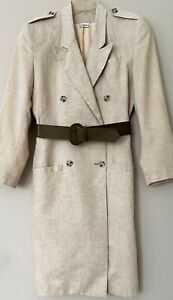 Vintage Oleg Cassini Beige Poly/Linen Belted Coat Dress Women's Small 6