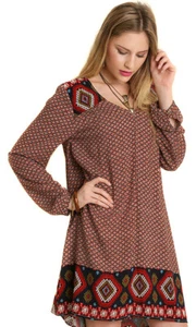 UMGEE Womens Chocolate Brown Boho Pheasent Bohemian Chic Long Sleeve Dress S M L - Picture 1 of 16