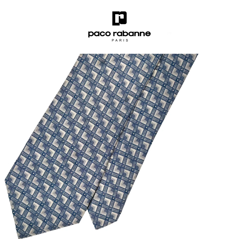 Corbata Paco Rabanne - Gris Azul Cuadrados Punteados Rejilla Patrón Vintage Italia Corbata de Seda Foto 1 de 4