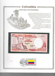 Kolumbien 100 Pesos Gold 1985 P 426b.1 UNC mit FDI UN FLAGGENSTEMPEL - Bild 1 von 1