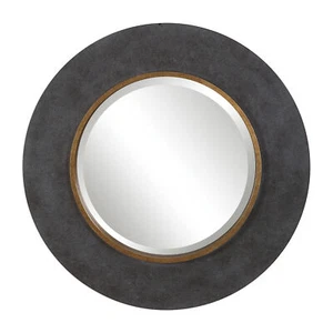 Round Minimalist Charcoal Gray Wall Mirror | 30" Gold Wood Simple Ring Concrete - Picture 1 of 6