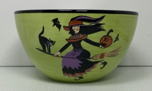 Enchanted Halloween Susan Winget Witch & Black Cat Riding Broom Cereal Bowl - Picture 1 of 9