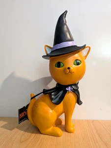 Halloween Black Hat Cat Figurine Decor Orange Kitty Ornament Collectible NEW - Picture 1 of 8
