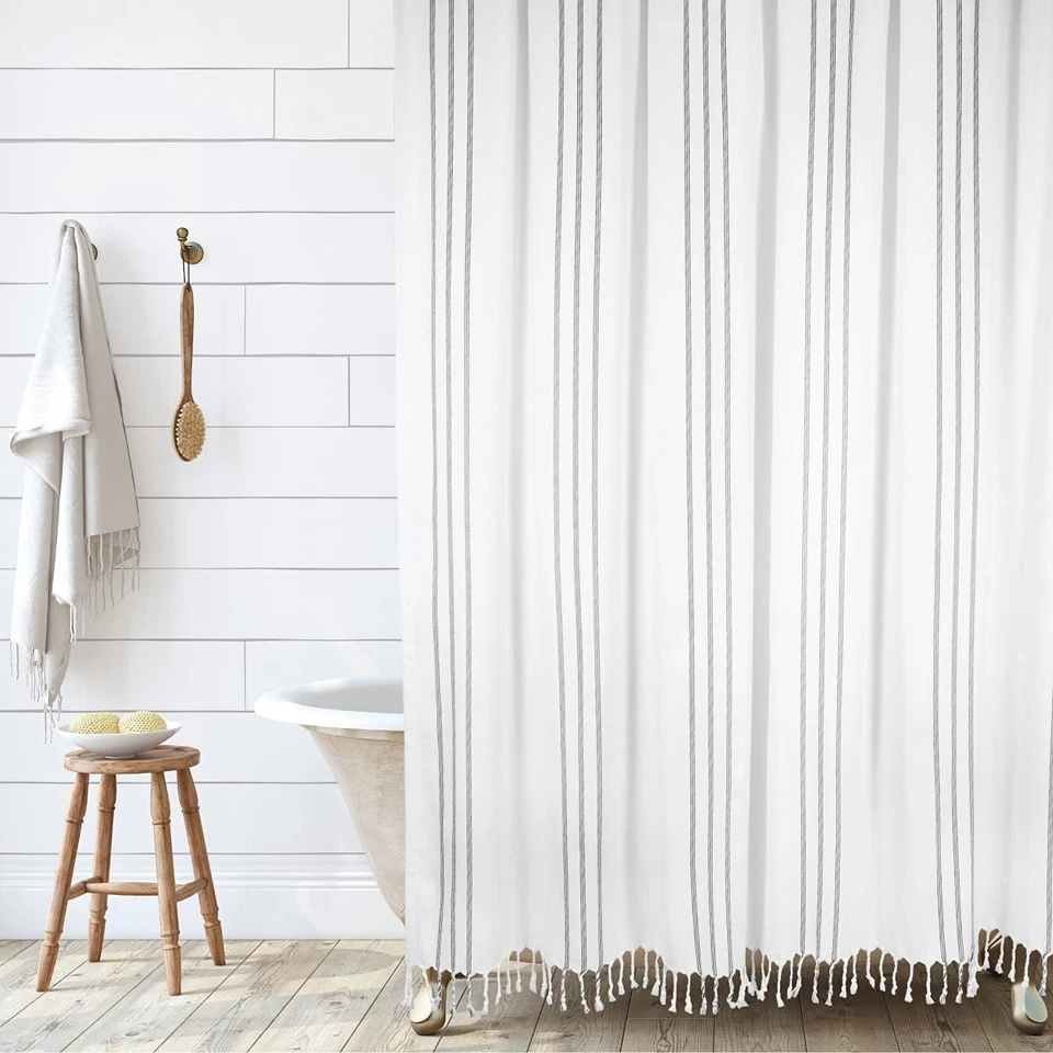 HALL & PERRY Modern Transitional White Stripe Shower Curtain with Tassels - V...