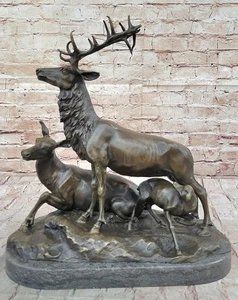 Bronze Sculpture Deer Fawn Stag Buck Family Home Decor Marble Figurine Artwork - Picture 1 of 10