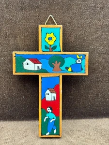 Vintage Folk Art Cross El Salvador Hand Painted Wood Religious flower home bunny - Picture 1 of 11