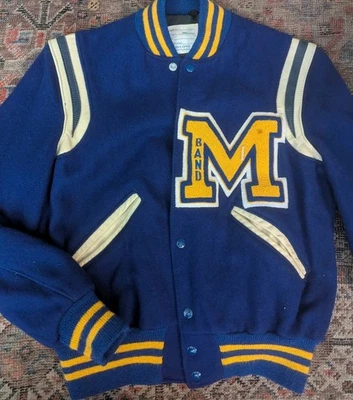 Vtg DeLong Letterman M Patch Band Winter Jacket Sz 38 Purple Wool & Leather M  - Image 1 of 4