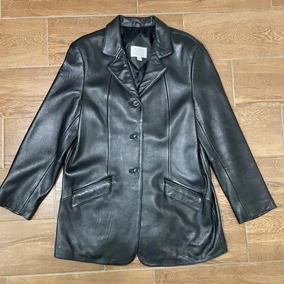 Valerie Stevens Black Lamb Long Leather Jacket Button-Up Lined Woman  Large Soft - Image 1 of 4