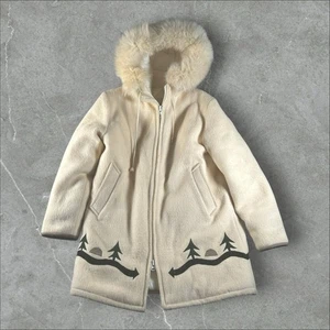 Vintage Hudson Bay Jacket Womens 12 Cream Wool Hooded Parka Christmas Pine Tree - Picture 1 of 8