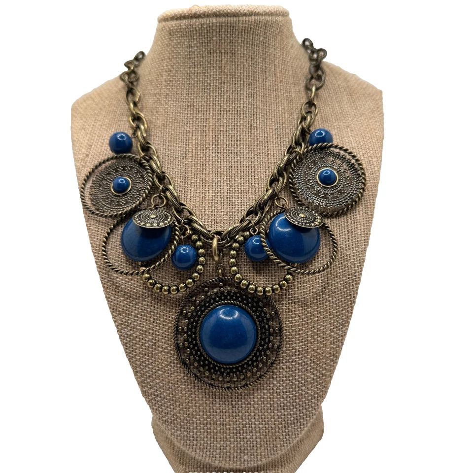 Premier Designs Bib Necklace Indigo Antique Finish Brass Blue Stones - Image 1 of 4