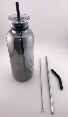 26 oz Glass Water Bottle w Time Marker, 750 ml Water Bottle Double Lid 3 Straws - Image 1 of 4