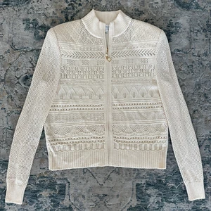St John Sweater 12 Cream Santana Knit Textured Zip Patterned Jacket Crochet Boho - Bild 1 von 10