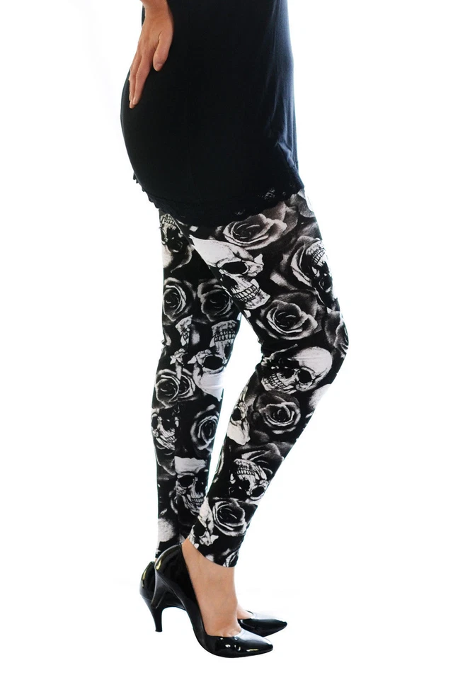 New Womens Leggings Plus Size Ladies Skulls and Roses Trouser Tattoo Nouvelle - Image 1 of 1