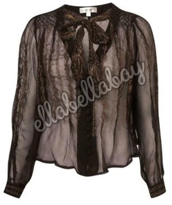 KATE MOSS TOPSHOP Black Gold Embroidered Sheer Tie Scarf Pussybow Blouse UK8 10 - Picture 1 of 15