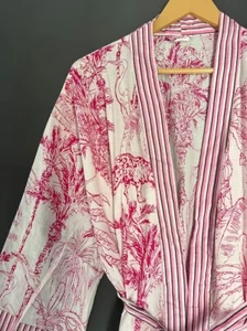 Indischer rosa Wald gestreift Kimono Baumwolle Braut Bademäntel Maxi Nachthemd USA - Bild 1 von 8