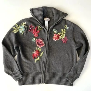 Tiara International Floral Embroidered Zip Jacket Cardigan Large Gray Y2k Women - Picture 1 of 7