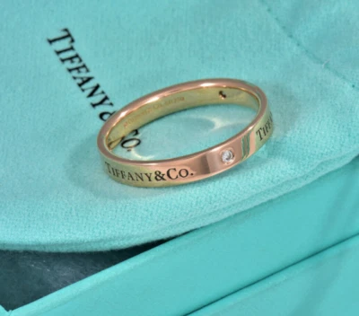 Size 5.5 Tiffany & Co Rose Gold Three Diamond 3mm Band Ring in Box Pouch Lovely - Image 1 of 4