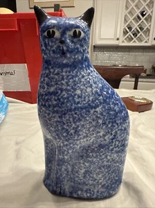 Vintage Enesco Blue Speckle Spongeware Ceramic Cat Figurine Statue 9"H #4288 - Picture 1 of 6