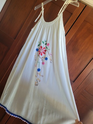 OFF WHITE Abito da sole centroamericano vintage bianco sporco mussola ricamato floreale boho prateria