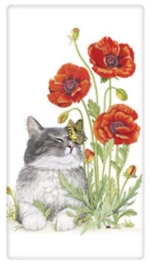 Flour Sack Kitchen Dish Towel Poppy Cat Mary Lake - Thompson New - Picture 1 of 1
