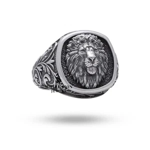 Calm Lion Biker Jungle King Leo Zodiac Animal 925 Silver Men Pinky Signet Ring - Picture 1 of 4