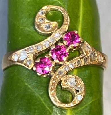 Antique Victorian Vintage Rose-Cut Diamond Ruby Scroll Climber Ring Estate 5.5 - Image 1 of 4