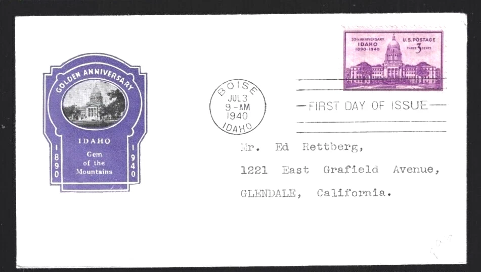 IDAHO STATEHOOD #896 GEM OF THE MOUNTAINS STATE CAPITOL 1940 IOOR CACHET FDC - Image 1 of 1