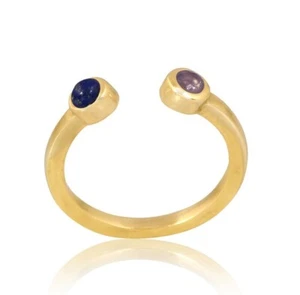 18k Gold Plated Double Birthstone Open Ring With Lapis & Tanzanite Gemstone - Picture 1 of 6