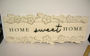 Home Sweet Home Wood Sign 24 x 9 x 5/8" Cream Color w/ Black Floral Hanging - Picture 1 of 9