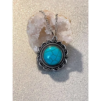 Bohemian Natural Turquoise Pendant Necklace On Silver Chain -Jewelry -Gift -New - Image 1 of 4