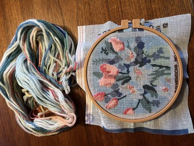 Floral Dimensions Needlepoint Canvas + Yarn + Hoop - Vintage 1988 started 5"X5" - Image 1 of 4