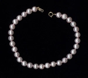 New 10K 7.92 Gram 7.5" Solid Yellow Gold 6mm Bead Pink Pearl Strand Bracelet ~AT - Picture 1 of 1