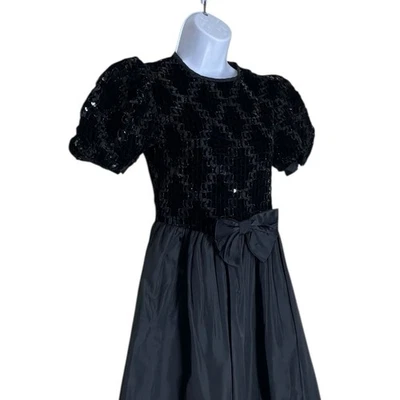 Sylvia Whyte Black Smocked Sequin Velvet Taffeta Holiday Dress Girls Size 12 Bow - Image 1 of 4