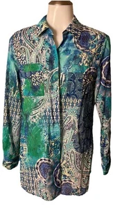 Camicia blusa donna Chico’s colorata artistica astratta con bottoni manica a linguetta TG 0 - Foto 1 di 17