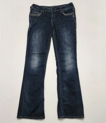 Pantalones de mezclilla PLATEADOS Suki Bootcut para mujer talla 30 lavado oscuro tiro medio azul elástico 0298 Foto 1 de 4