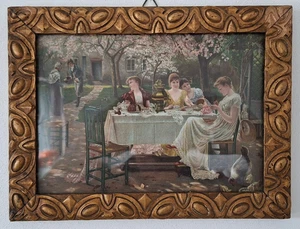 ANTIKER DRUCK GERAHMT ( Antikrahmen Holz) mittelalterliche Familie im Garten - Bild 1 von 5