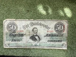 1864 Confederate $50 Note Feb 17 CSA Currency Jefferson Davis Original - Picture 1 of 6