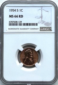 1954-S LINCOLN WHEAT CENT - NGC MS66RD - FREE SHIPPING! - Picture 1 of 2